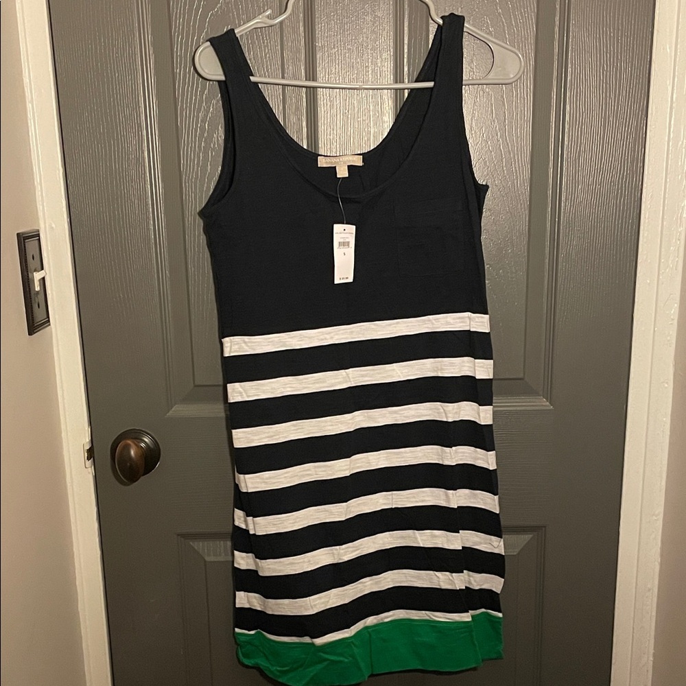 NWT Banana Republic Navy, White Striped Dress with Pop of Green Hem - Small